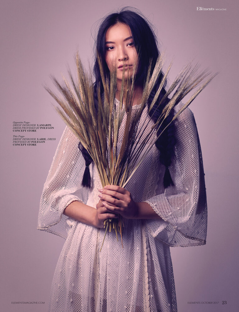 Fashion-Porträt einer Frau im weißen Netzkleid mit geflochtenen Zöpfen und Getreidebündel in den Händen