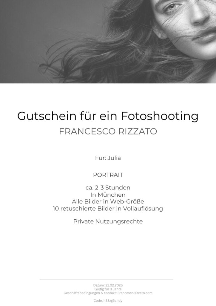 Beispiel-Gutschein für Fotoshooting – hochwertiges PDF-Design von Francesco Rizzato München.