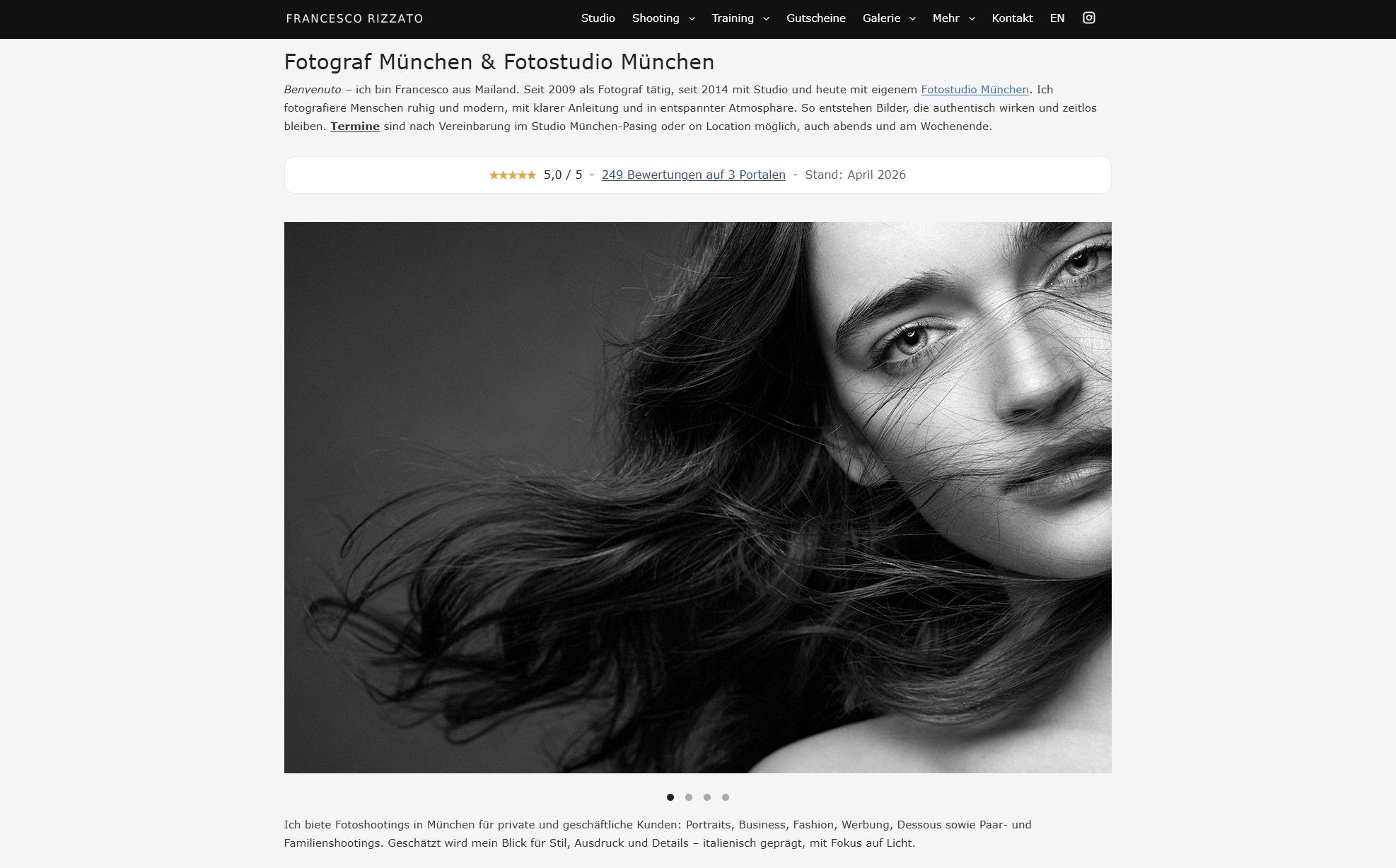 Screenshot der Website von Francesco Rizzato – Beispiel für Gestaltung, Aufbau und visuelle Klarheit.